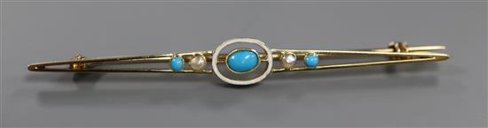 A cased early 20th century Murrle Bennett & Co 15ct, turquoise, seed pearl and enamel bar brooch, 64mm.